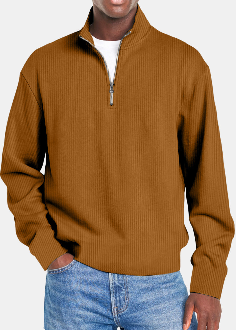 Men's Autumn and Winter Simple Vertical Strip Comfortable Zipper Long-sleeved Polo Shirt
