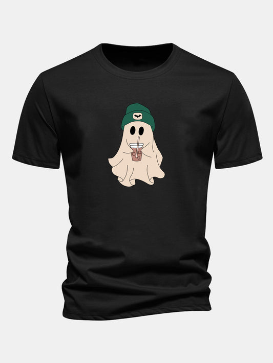Regular Fit Darkgreen Hat Ghost Print Cotton T-Shirt