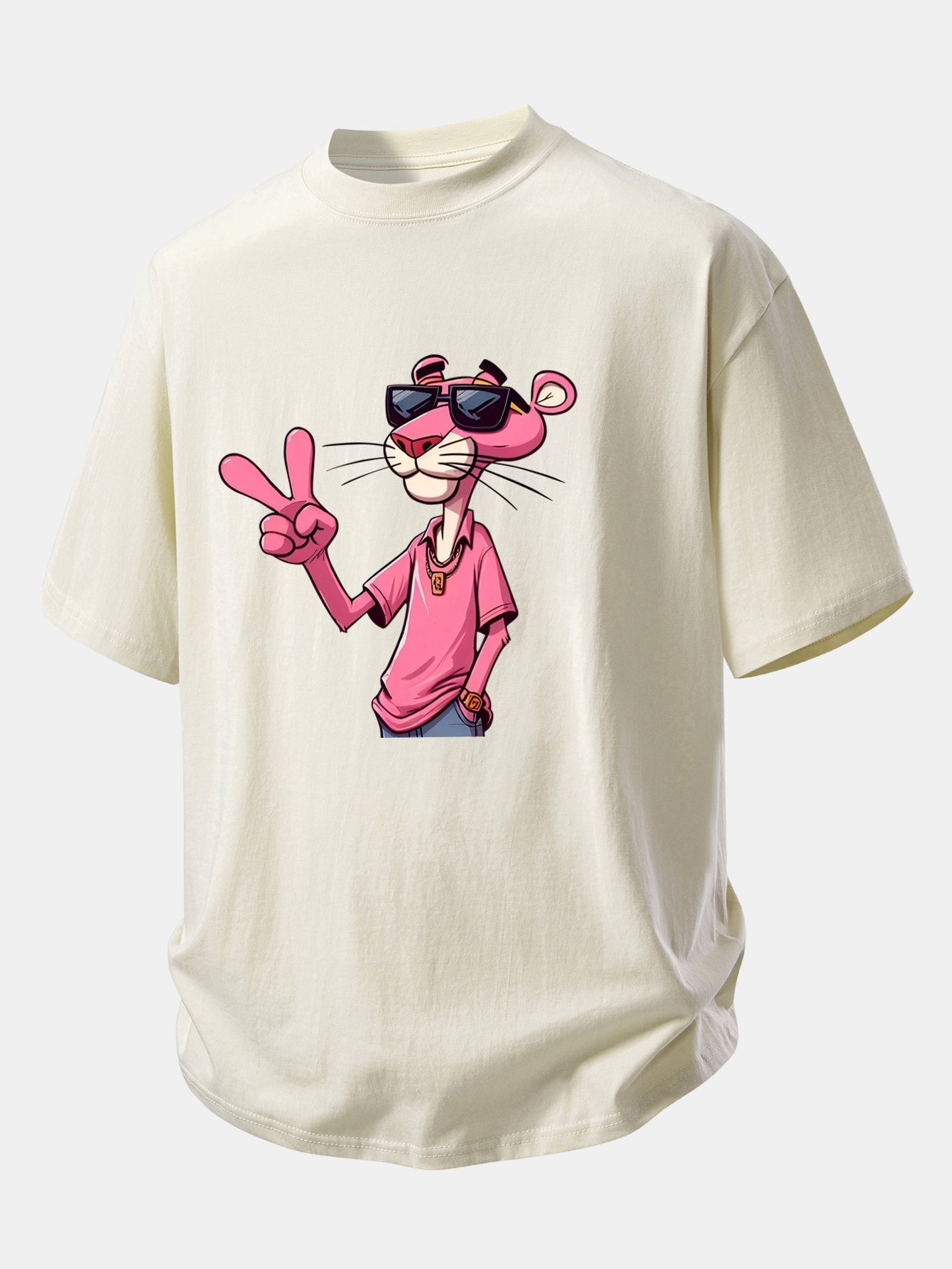Relax Fit Pink Panther With V Sign Print Cotton T-Shirt