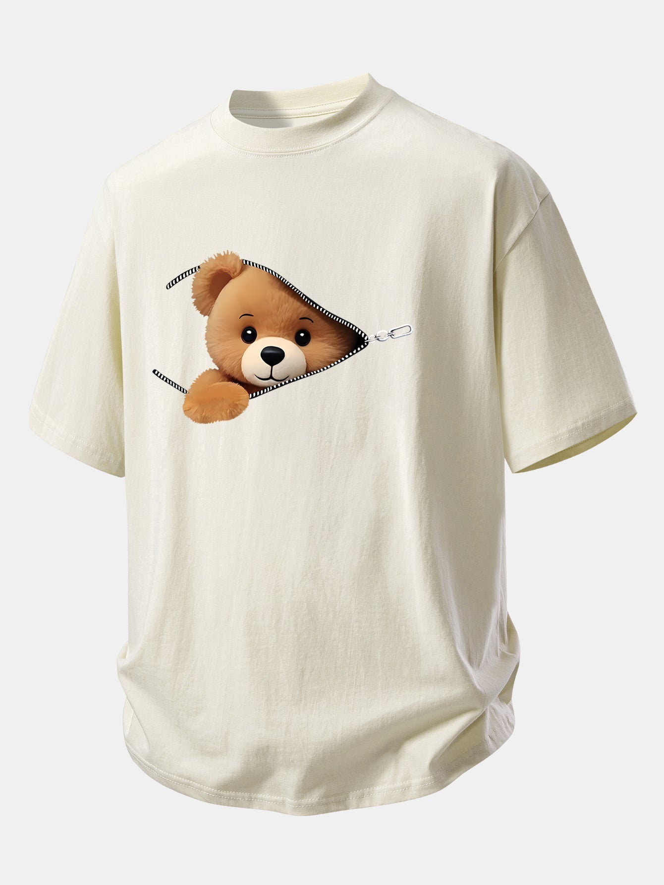 Relax Fit Zipper Bear Print Cotton T-Shirt