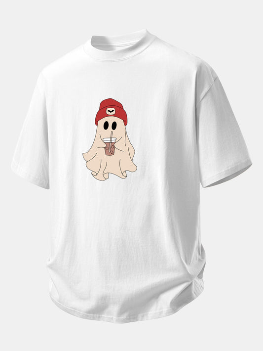 Relax Fit Red Hat Ghost Print Cotton T-Shirt