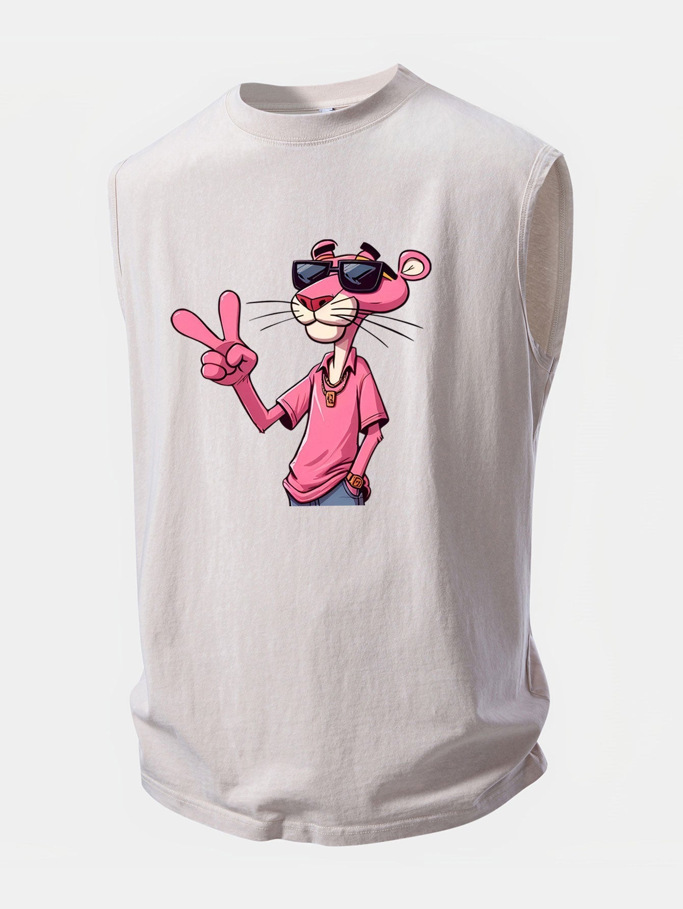 Pink Panther With V Sign Print Washed Distressed Tank Top