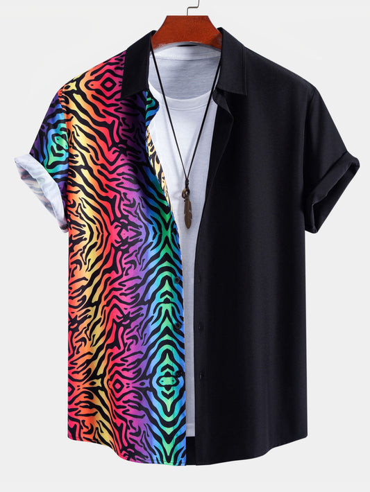 Colorful Tiger Patchwork Button Up Shirt & Swim Shorts