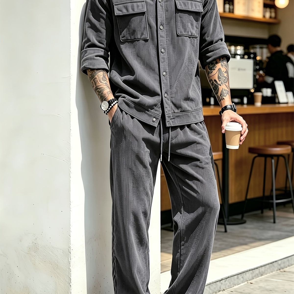 Men's 2pcs Set Featuring a Lapel Shirt and Casual Pants