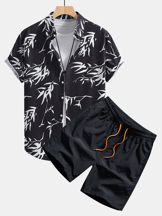 Bamboo Leaves Print Button Up Shirt & Swim Shorts