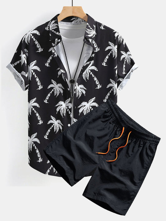 Palm Tree Print Button Up Shirt & Swim Shorts