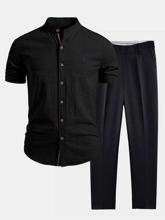 Short Sleeve Linen Look Stand Collar Shirt & Slim Fit Tapered Trousers
