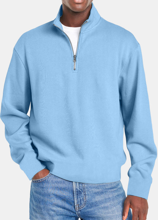 Men's Autumn and Winter Simple Vertical Strip Comfortable Zipper Long-sleeved Polo Shirt