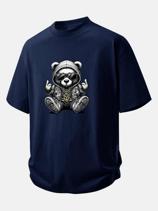 Relax Fit Hip Hop Bear Print Cotton T-Shirt
