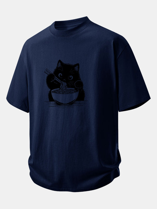 Relax Fit Black Cat Ramen Print Cotton T-Shirt