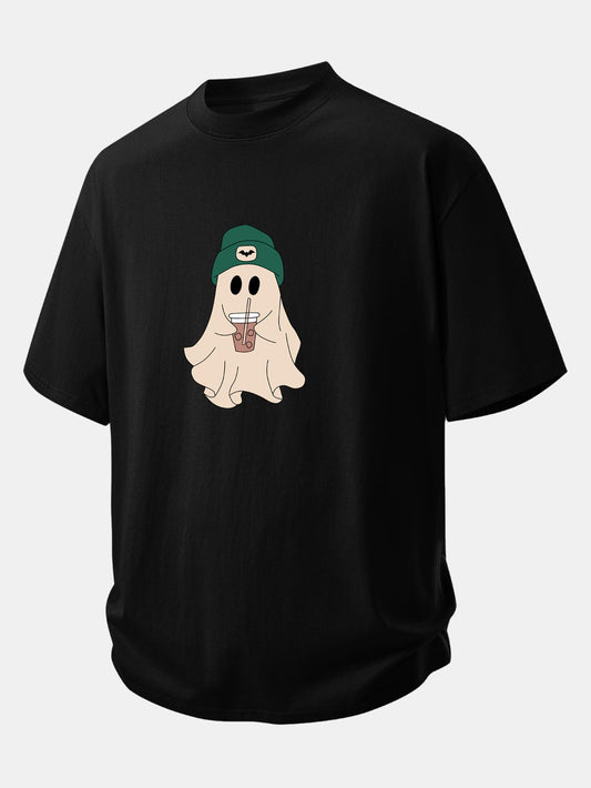 Relax Fit Darkgreen Hat Ghost Print Cotton T-Shirt