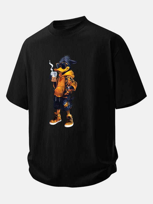 Relax Fit Cartoon Duck Print Cotton T-Shirt