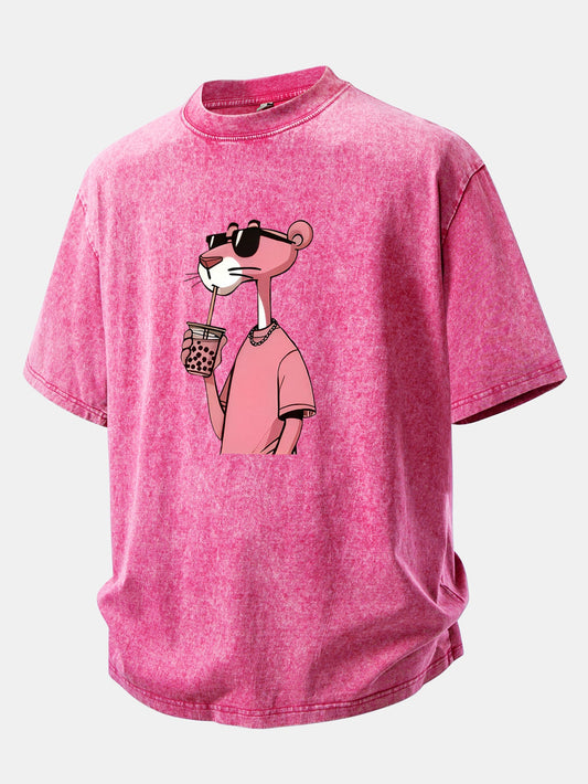 Pink Panther Print Washed Distressed Drop Shoulder T-Shirt