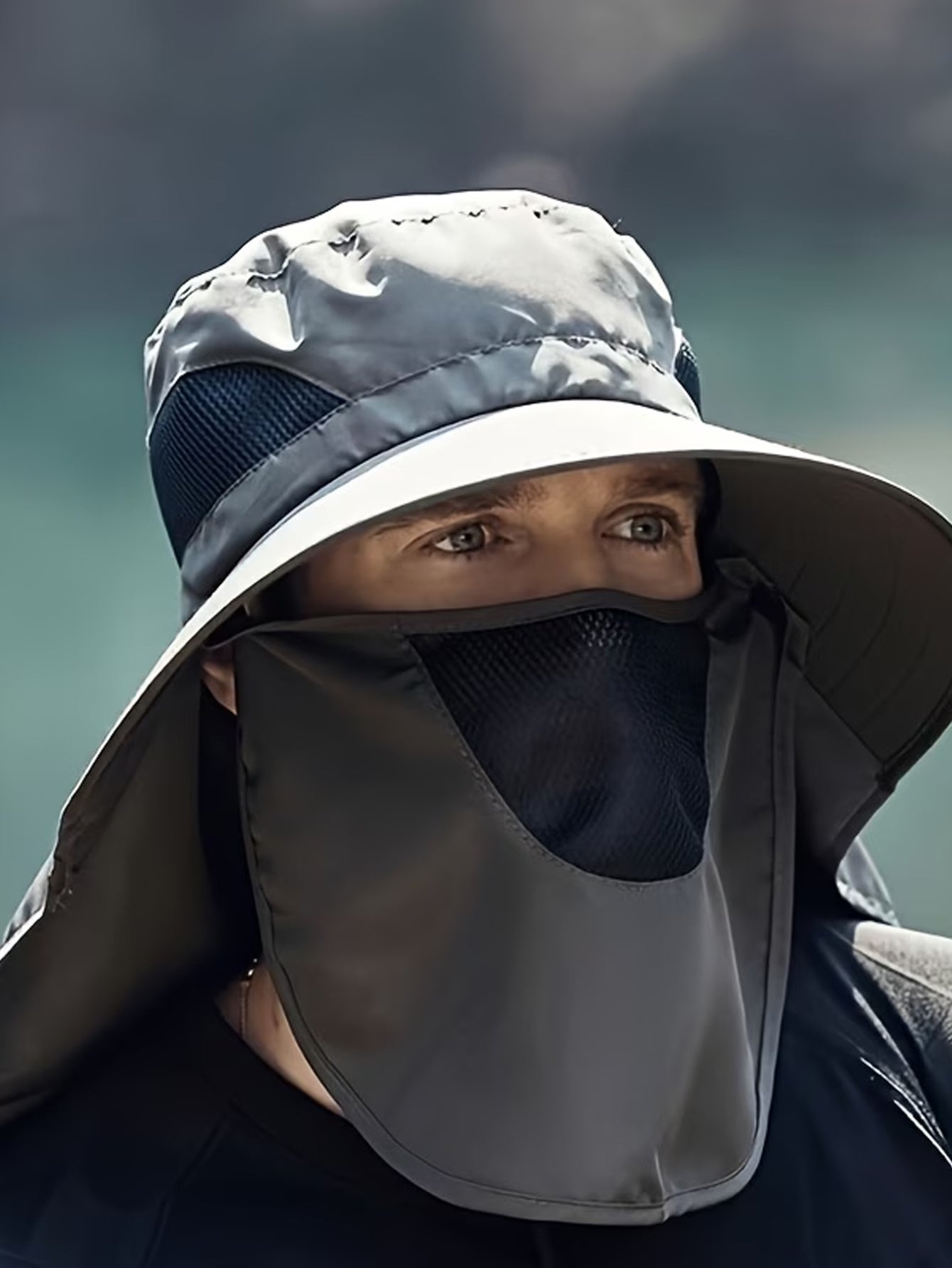 Wide-Brimmed Bucket Hat With Detachable Face And Neck Flap — Features Breathable Mesh Material And Adjustable Drawstring