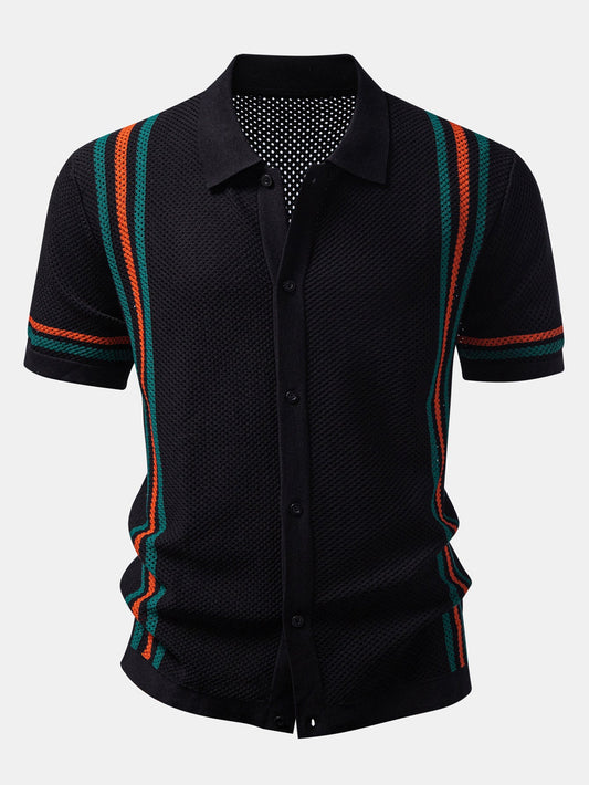 Stripe Button Up Open Kint Shirt & Drawstring Shorts