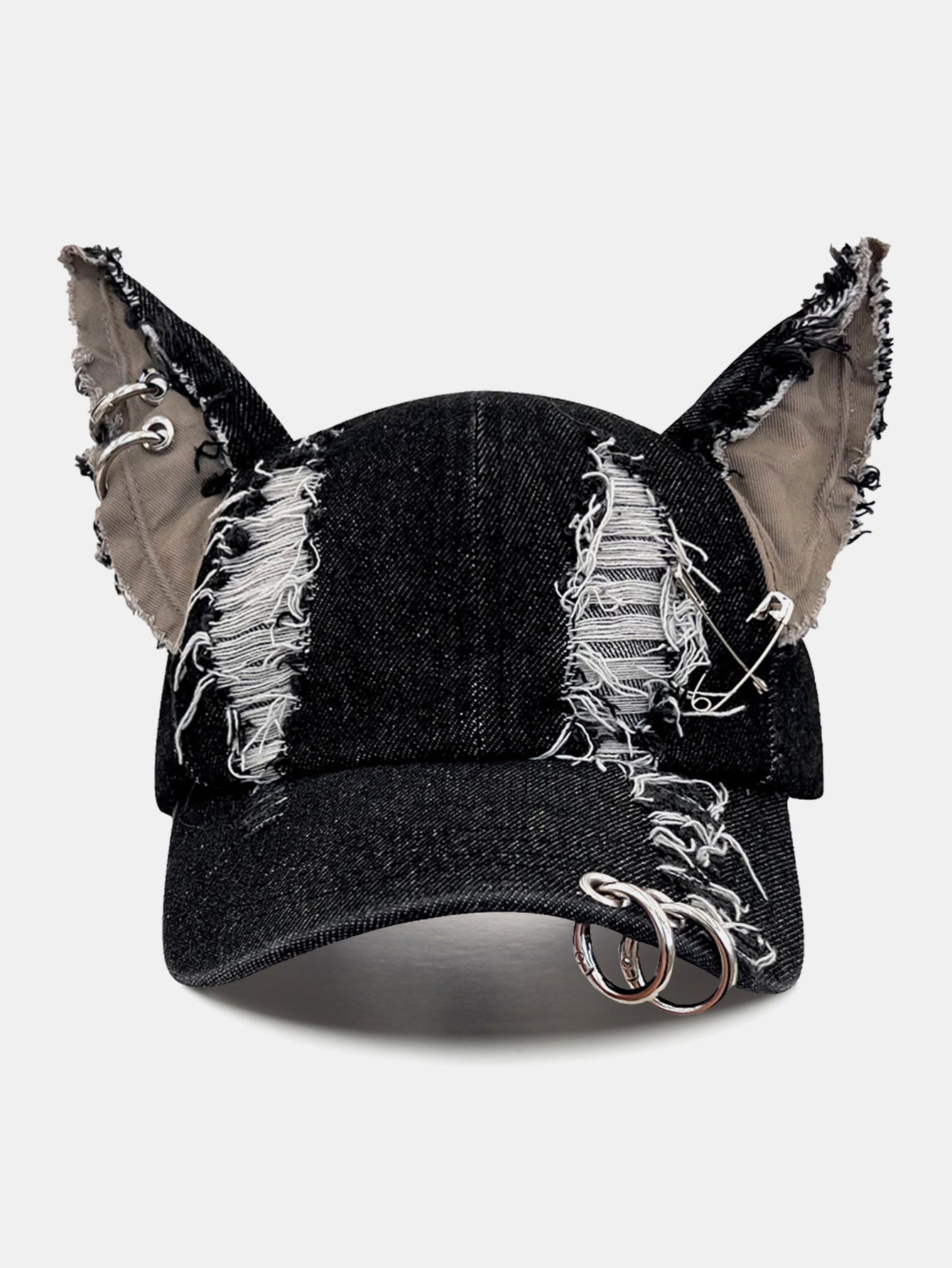 Gothic Western Distressed Denim Baseball Cap With Metal Rings