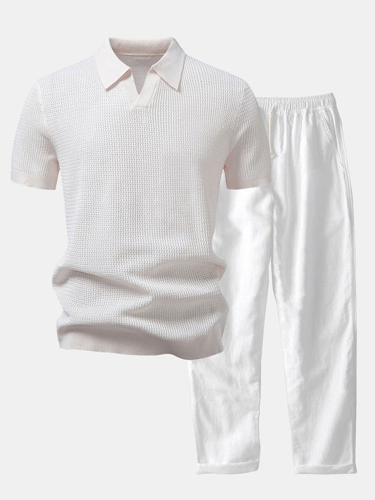 Textured Johnny Collar Crocheted Knit Polo & Straight Leg Linen Pants