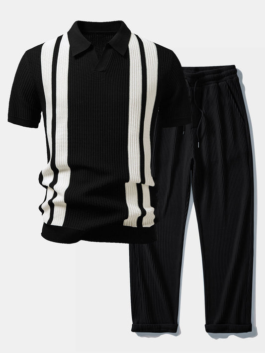 Stripe Johnny Collar Knit Polo & Drawstring Knitted Waffle Pants