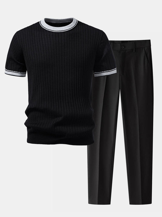 Contrast Trim Crew Neck Knit T-Shirt & Slim Fit Tapered Trousers