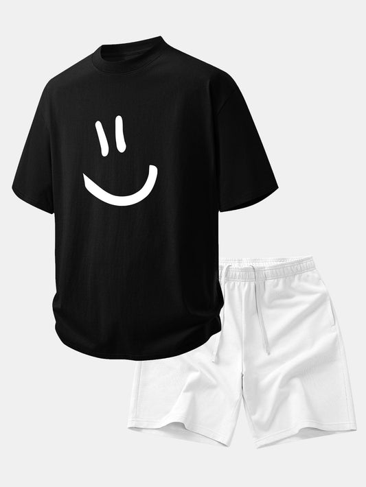 Relax Fit Smiley Face Print Cotton T-Shirt & Cotton Drawstring 7" Shorts