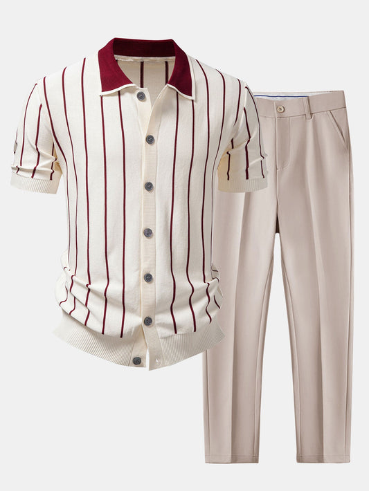 Stripe Button Up Knit Shirt & Slim Fit Tapered Trousers