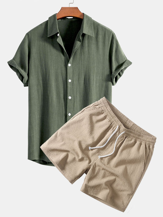 Linen Rayon Blend Button Up Shirt & Crinkle Textured Drawstring 5" Shorts