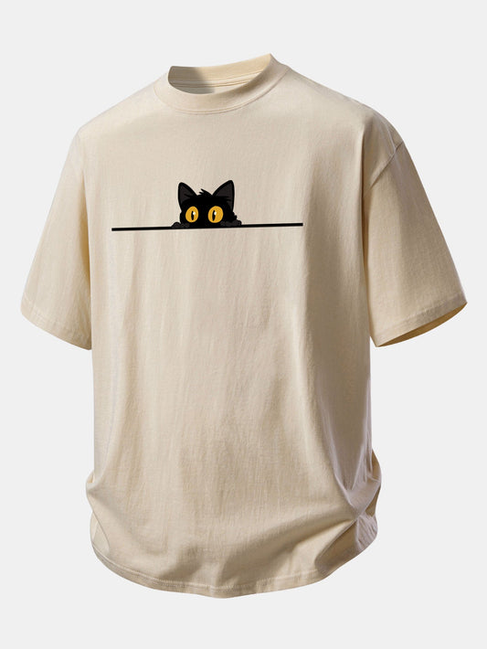 Relax Fit Black Cat Print Cotton T-Shirt