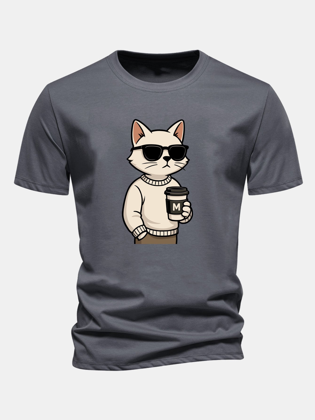 Regular Fit Cat Drinking Coffee Print Cotton T-Shirt