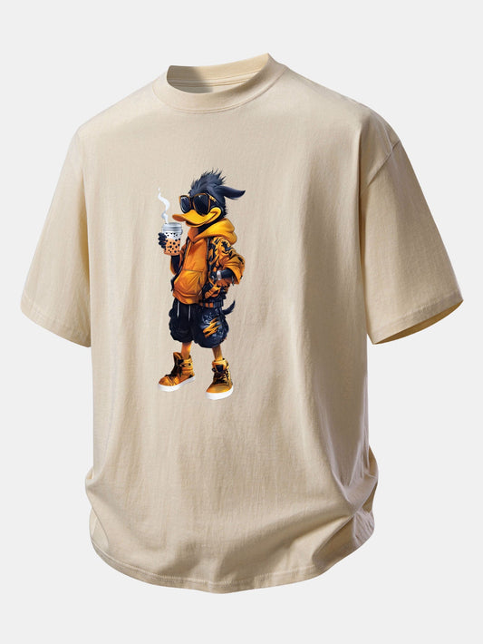Relax Fit Cartoon Duck Print Cotton T-Shirt