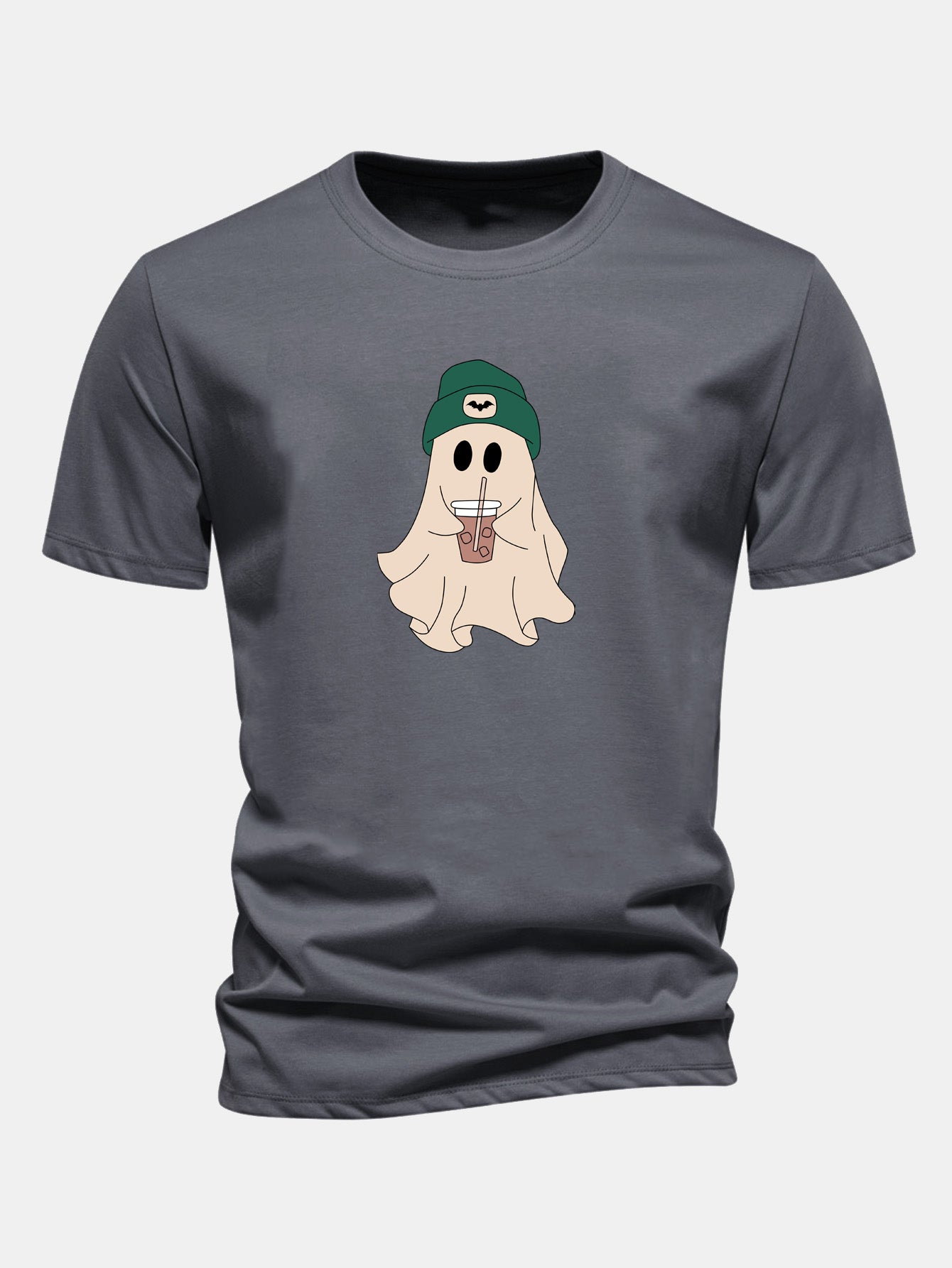 Regular Fit Darkgreen Hat Ghost Print Cotton T-Shirt