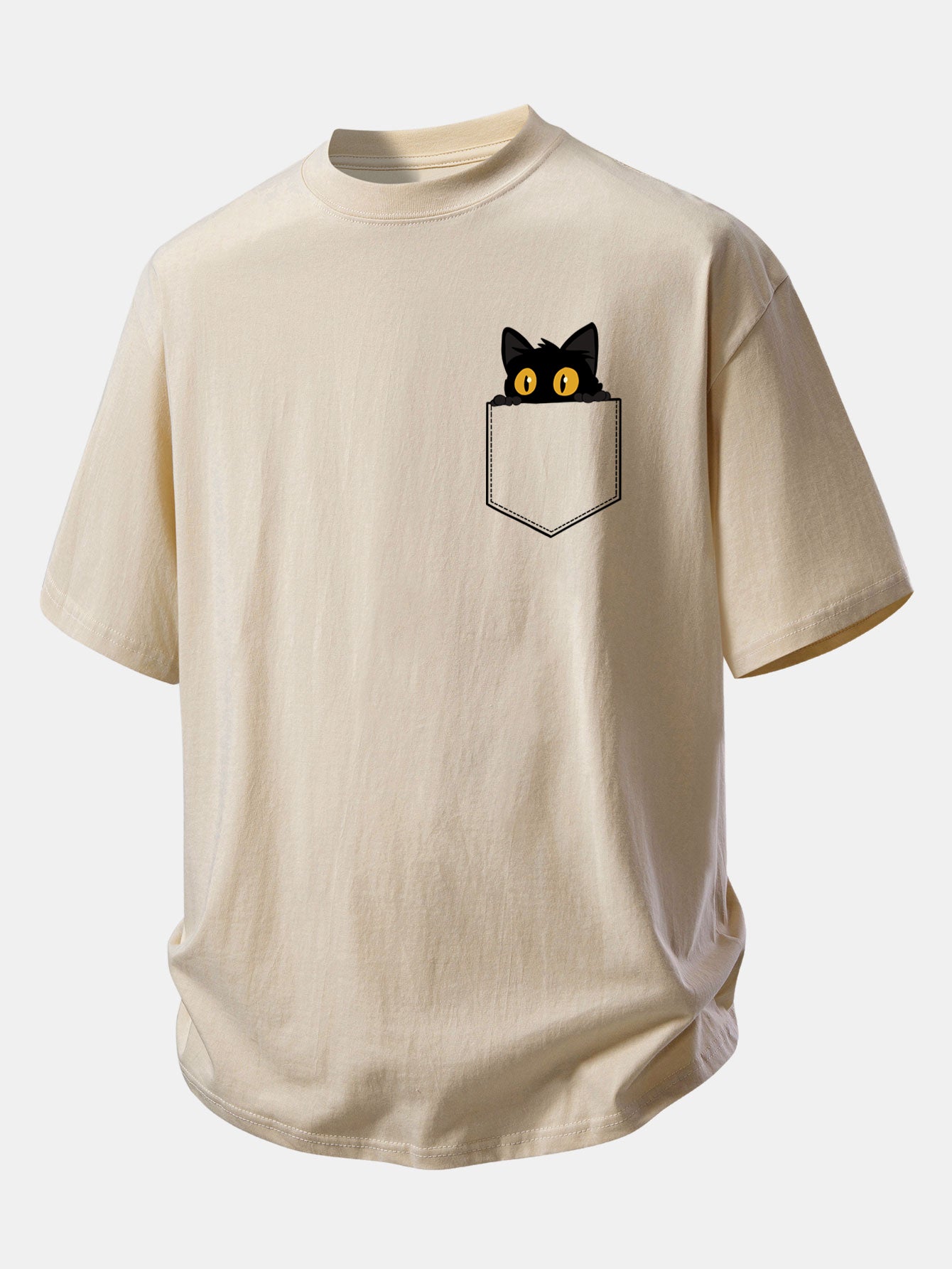 Relax Fit Pocket Black Cat Print Cotton T-Shirt
