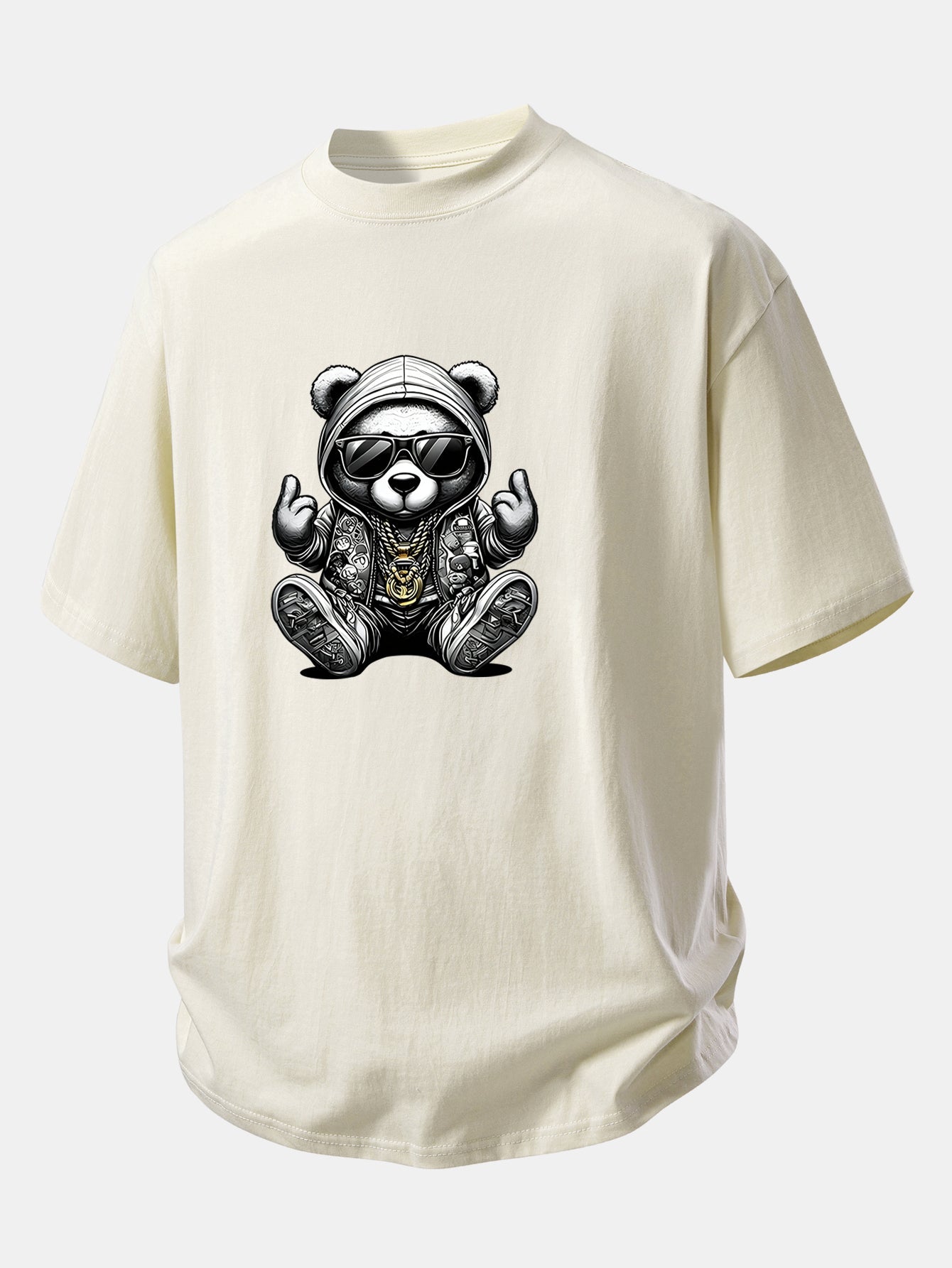 Relax Fit Hip Hop Bear Print Cotton T-Shirt