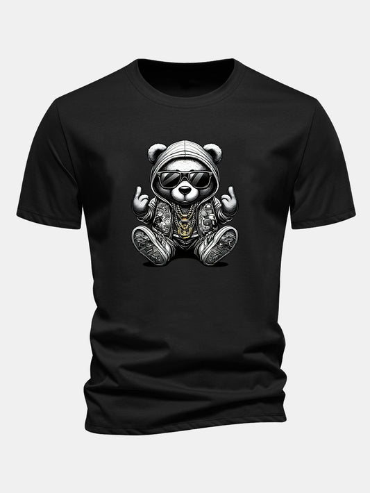 Regular Fit Hip Hop Bear Print Cotton T-Shirt