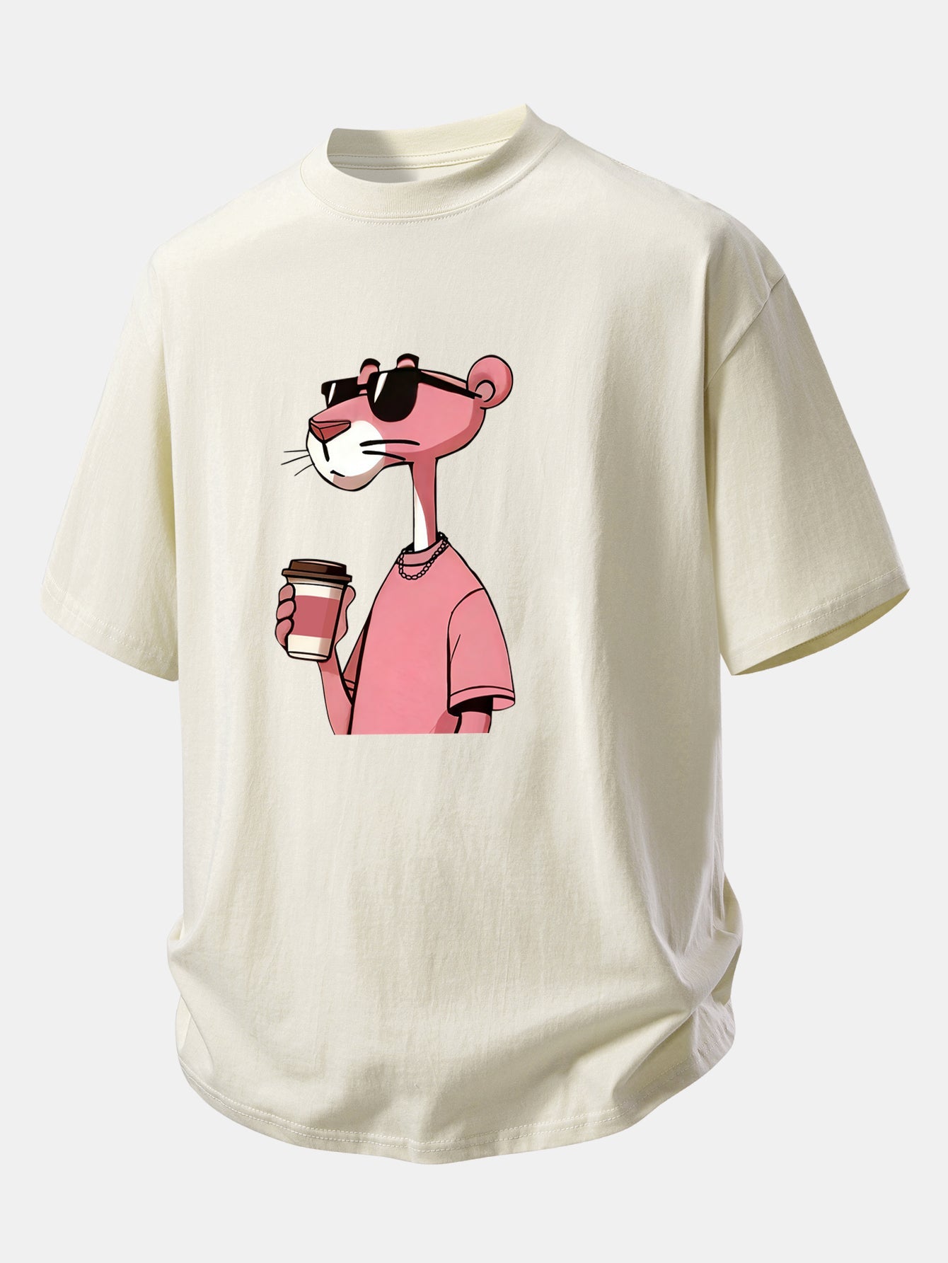 Relax Fit Pink Panther Drinking Coffee Print Cotton T-Shirt