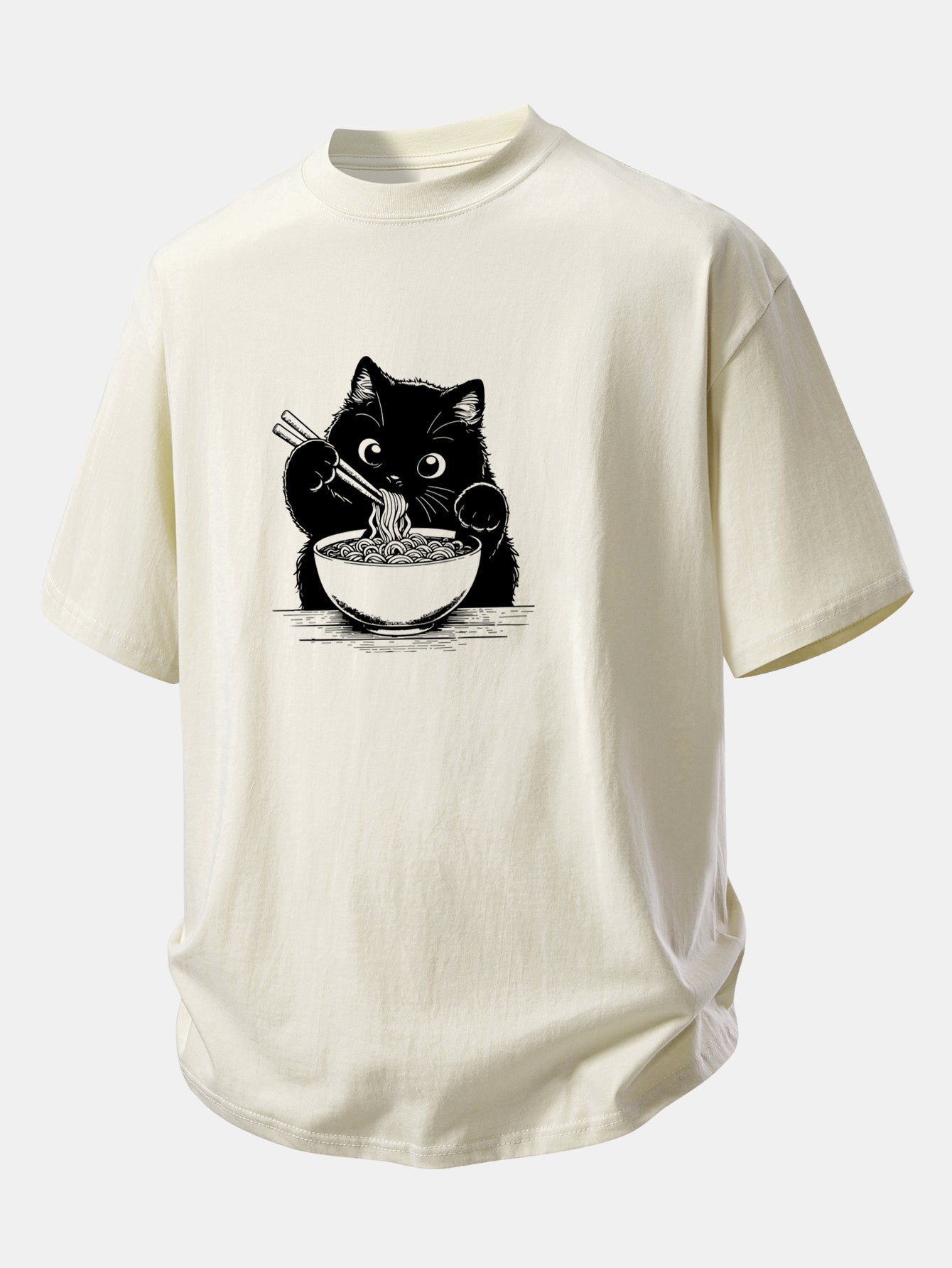 Relax Fit Black Cat Ramen Print Cotton T-Shirt