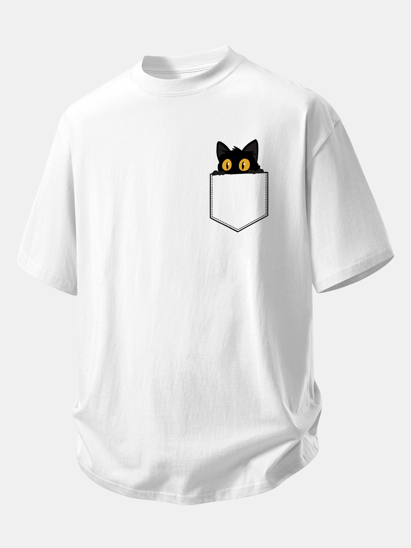 Relax Fit Pocket Black Cat Print Cotton T-Shirt