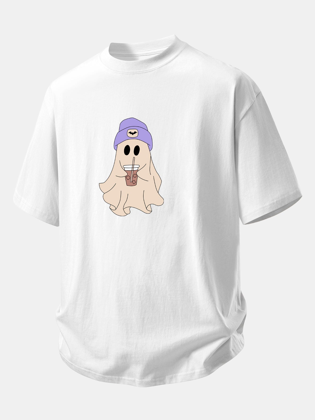 Relax Fit Purple Hat Ghost Print Cotton T-Shirt & Cotton Drawstring 7" Shorts