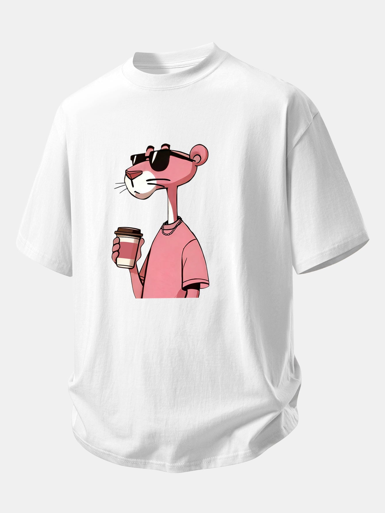 Relax Fit Pink Panther Drinking Coffee Print Cotton T-Shirt