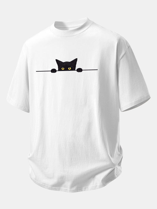 Relax Fit Black Cat Print Cotton T-Shirt