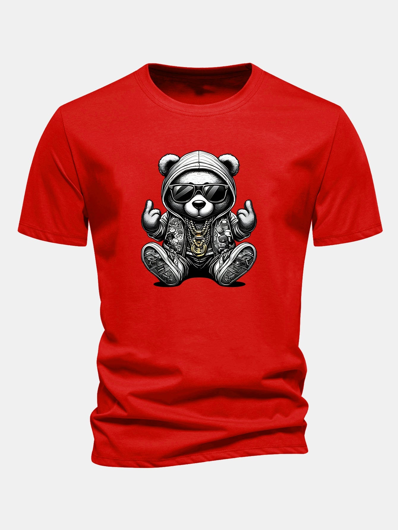 Regular Fit Hip Hop Bear Print Cotton T-Shirt