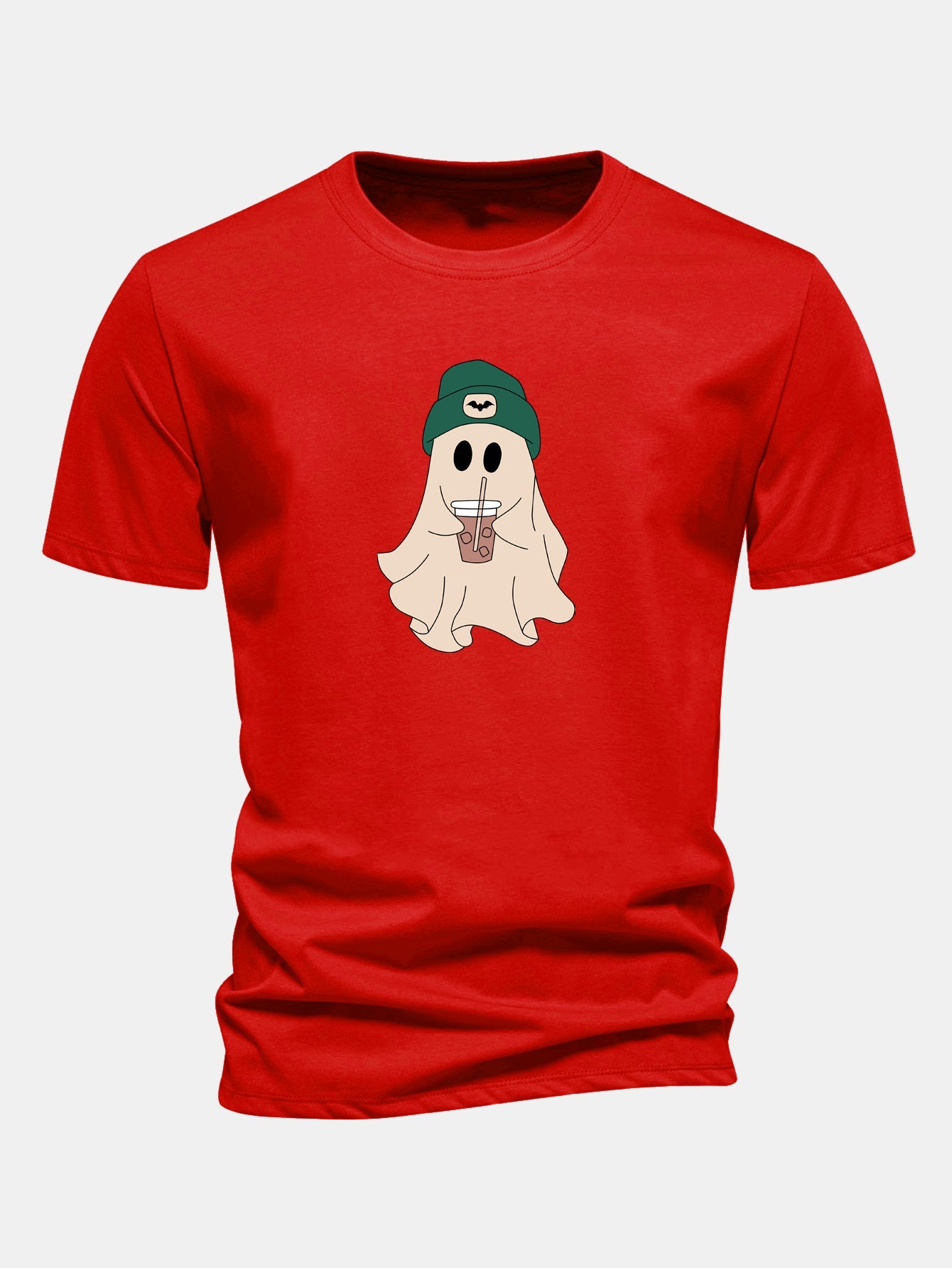 Regular Fit Darkgreen Hat Ghost Print Cotton T-Shirt