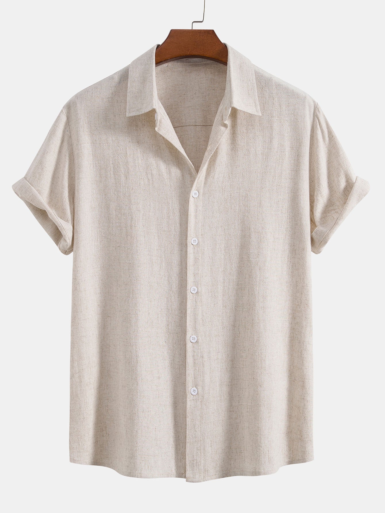 Linen Rayon Blend Button Up Shirt & Crinkle Textured Drawstring 5" Shorts