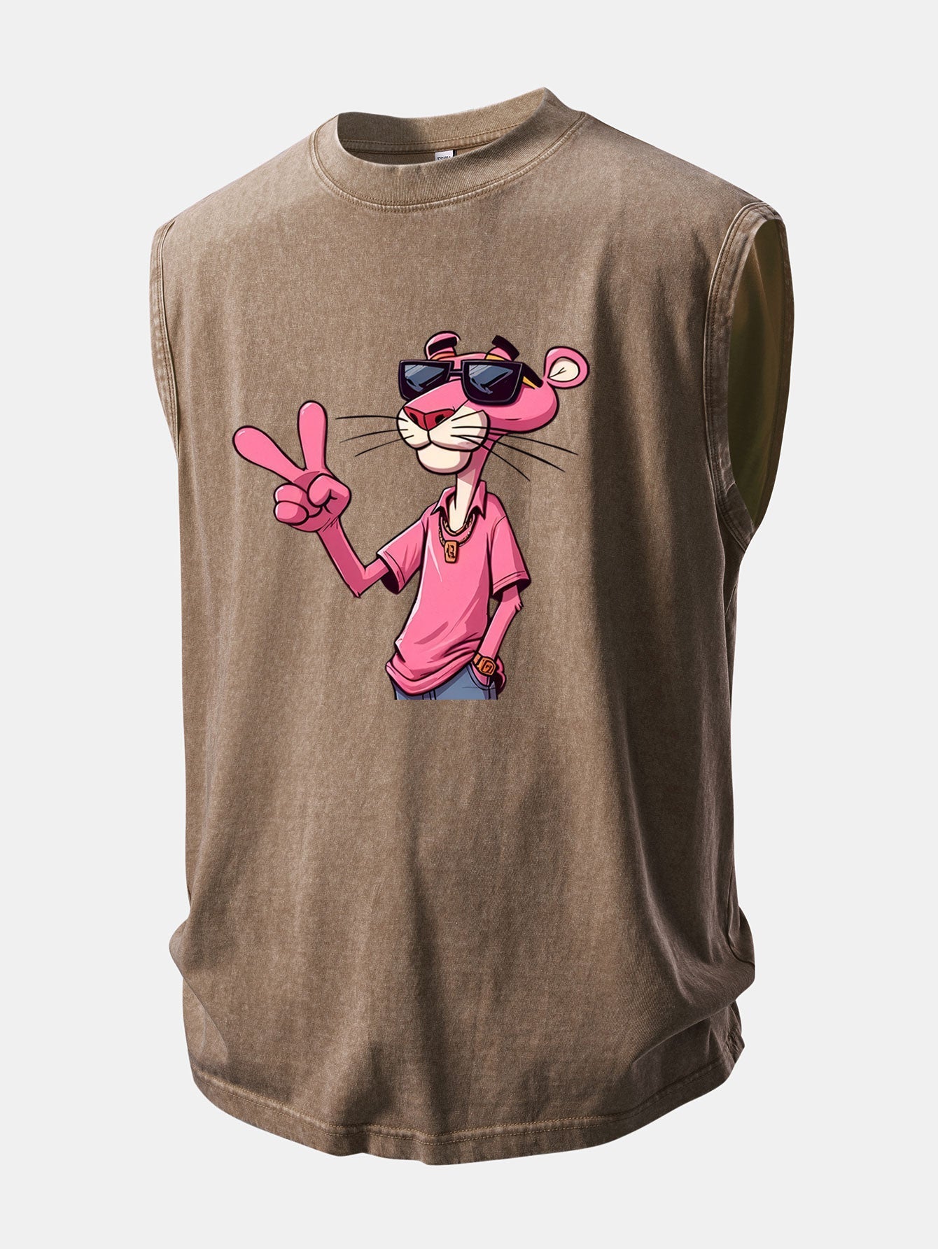 Pink Panther With V Sign Print Washed Distressed Tank Top
