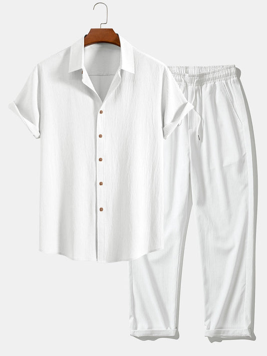 Crinkled Textured Button Up Shirt & Straight Leg Pants