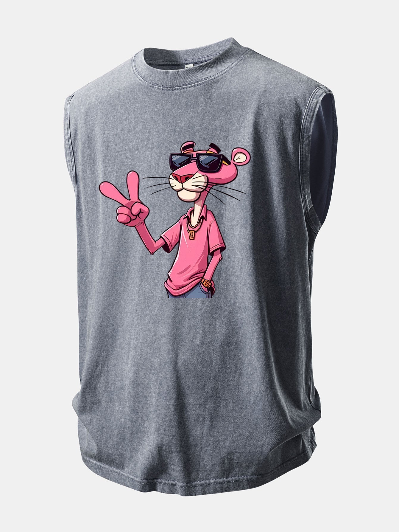Pink Panther With V Sign Print Washed Distressed Tank Top