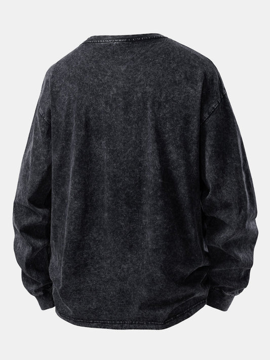 Relax Fit Long Sleeve Washed Distressed T-Shirt
