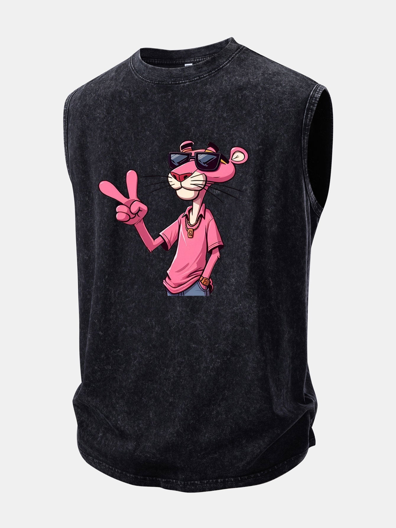 Pink Panther With V Sign Print Washed Distressed Tank Top