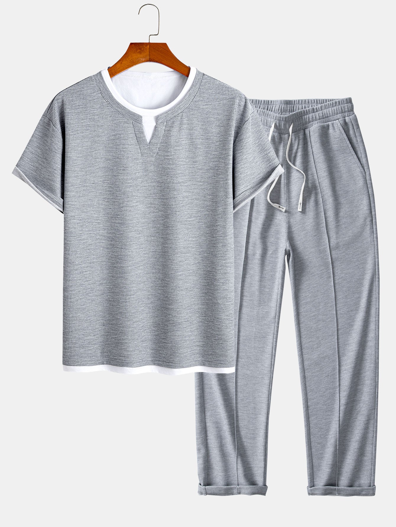 Relax Fit 2 In 1 Notched Collar Waffle T-Shirt & Waffle Pleated Pintuck Straight Leg Pants