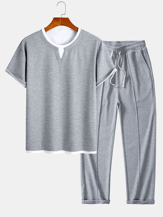 Relax Fit 2 In 1 Notched Collar Waffle T-Shirt & Waffle Pleated Pintuck Straight Leg Pants