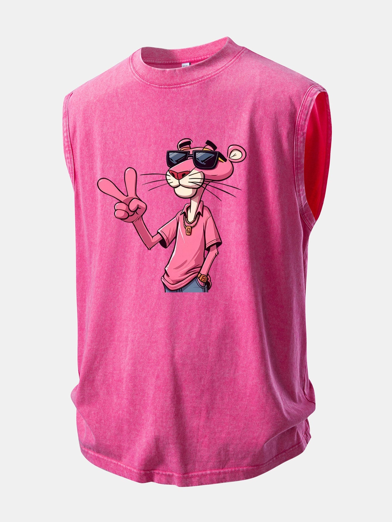 Pink Panther With V Sign Print Washed Distressed Tank Top